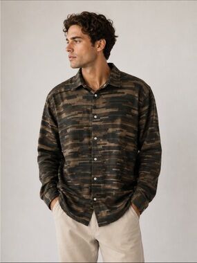 Zara Man Camouflage Camo Knit Snap Button Shirt Long Sleeve Size Large Earthy
